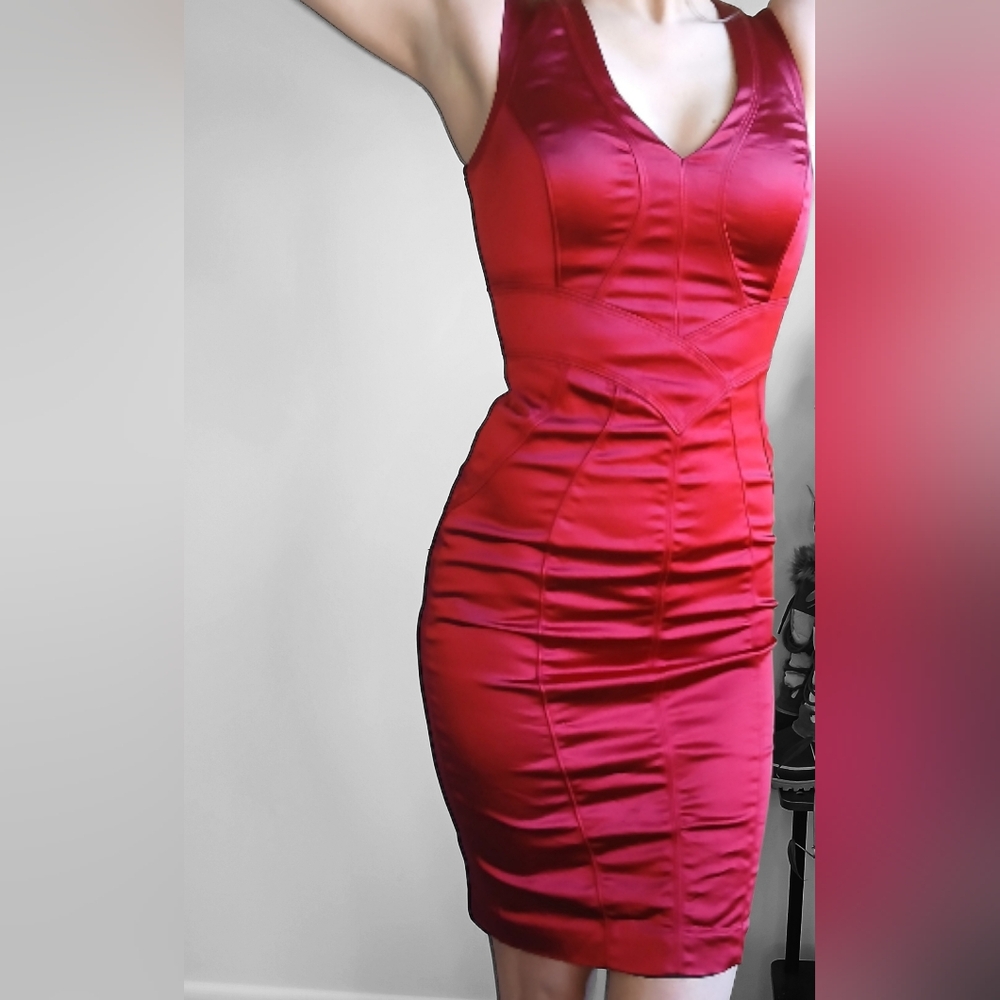 Bebe- Y2K- V-Neck Red Satin Bodycon Dress-Size 2